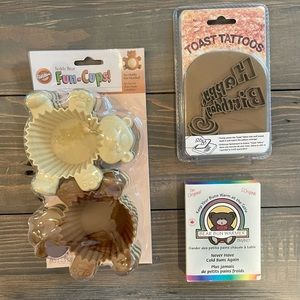 NWT! Wilton cupcake liners, bun warmer &  toast tattoo. Baking & Happy Birthday